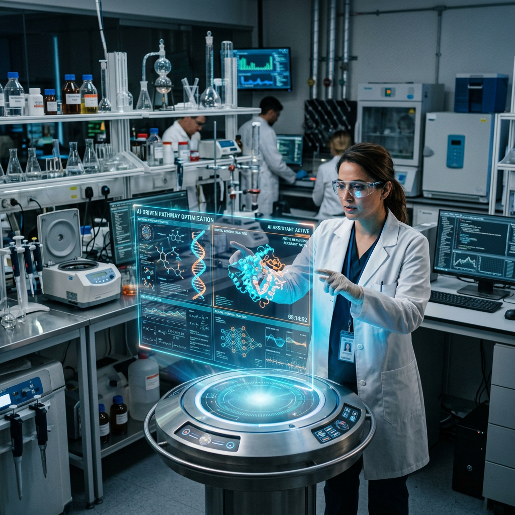Scientist interacting with AI holographic display showing molecular models and data in a laboratory