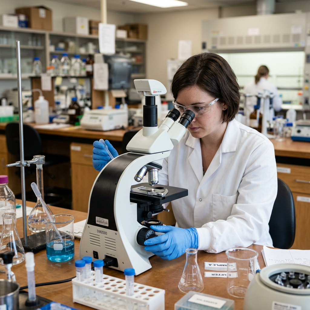 Scientist in white lab coat and blue gloves looking through a microscope at a lab bench with glassware and test tubes