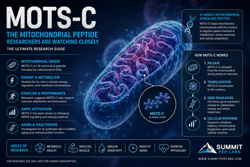 MOTS-C peptide infographic showing mitochondrial signaling, AMPK activation, metabolism research, and cellular communication pathways.