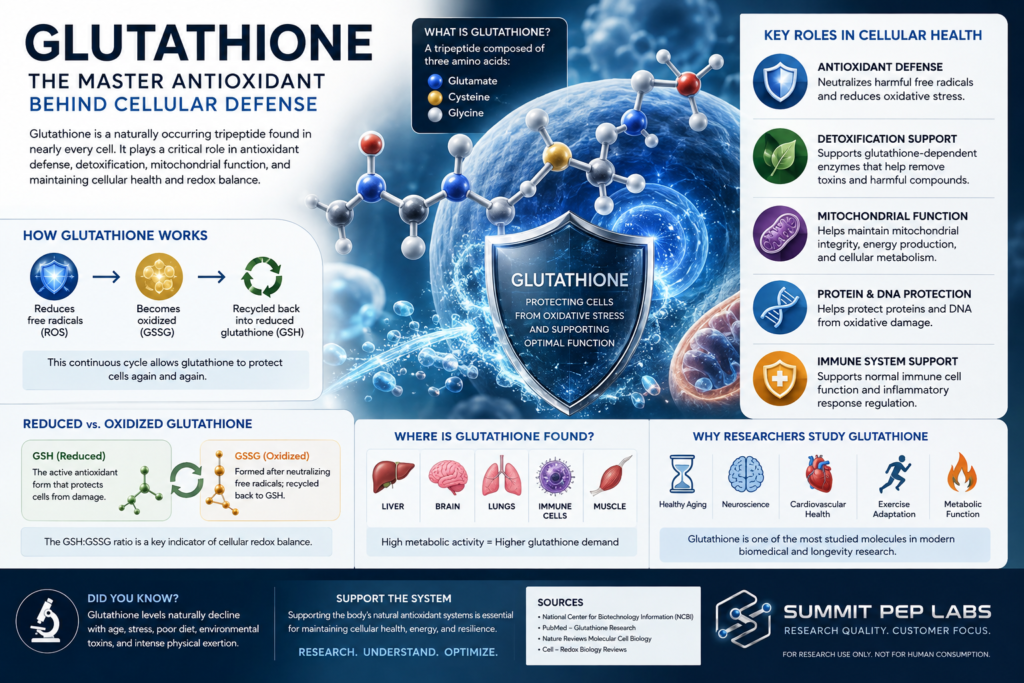 Glutathione infographic explaining antioxidant defense, cellular health, oxidative stress, detoxification, mitochondrial function, and redox balance.