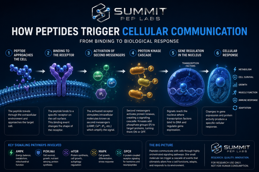 how peptides work ? Scientific infographic illustrating how peptides trigger cellular communication through receptor binding, signal transduction, second messengers, kinase cascades, gene regulation, and cellular responses.