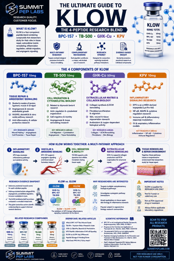 KLOW peptide blend infographic showing BPC-157, TB-500, GHK-Cu, and KPV and their researched biological pathways