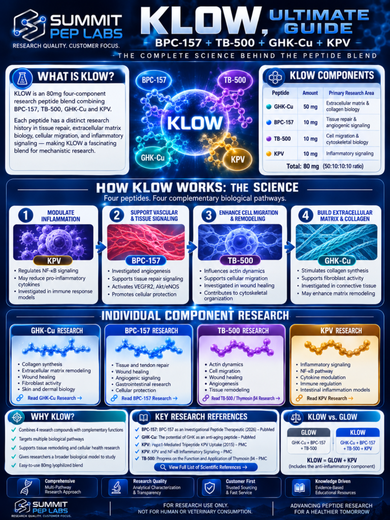 KLOW peptide blend infographic showing BPC-157, TB-500, GHK-Cu, and KPV and their researched biological pathways